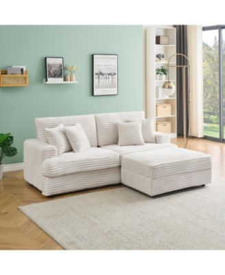 White Corduroy Sofa w/ Storage Leg & Pillows