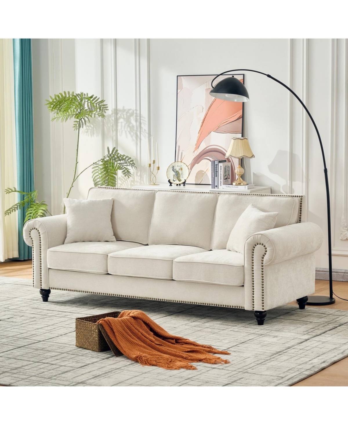 Streamdale Furniture 86" Modern 3-Seater Chenille Sofa with Rolled Arms & Nailhead Trim - Beige