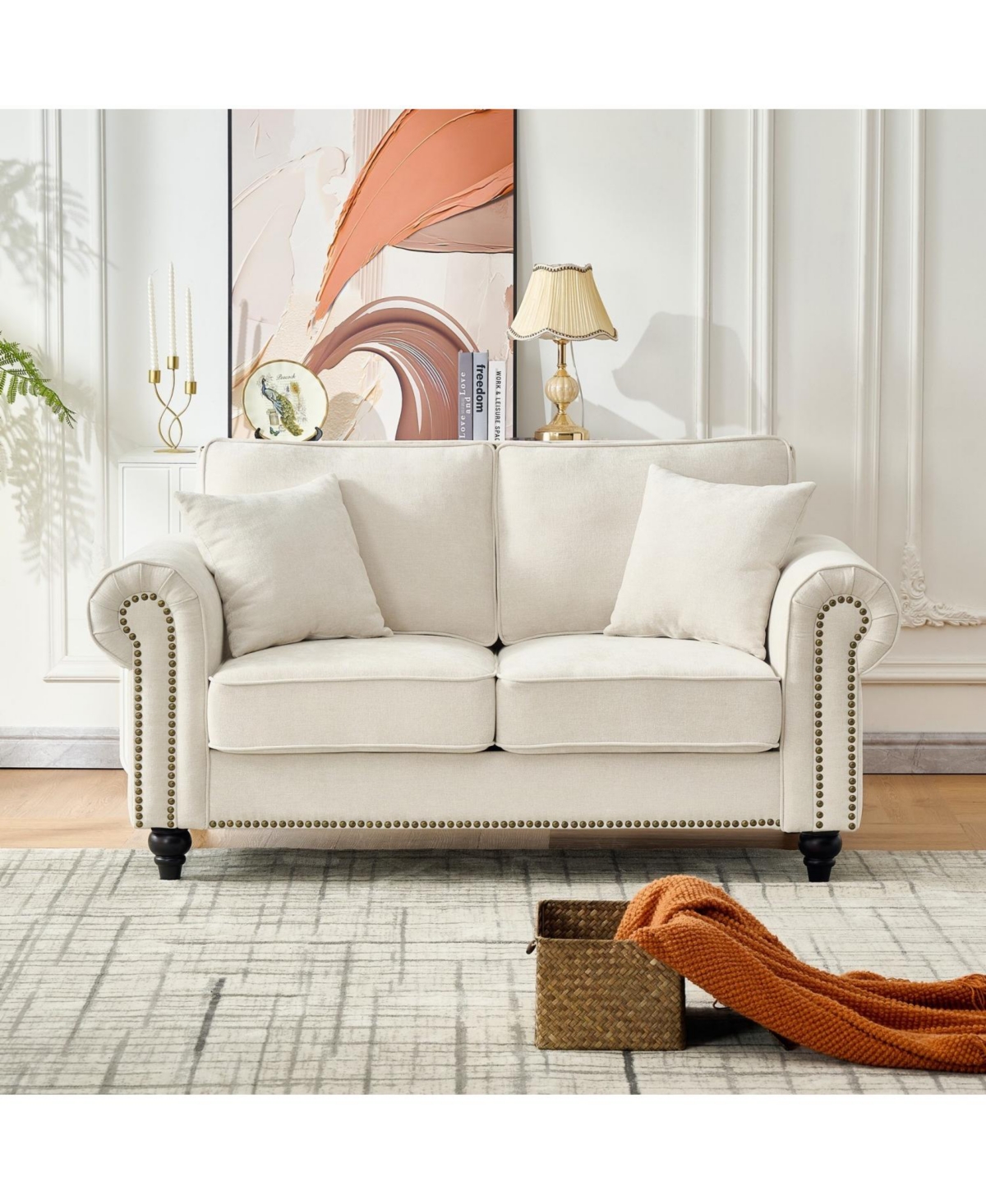 Streamdale Furniture 63" Modern Chenille Sofa - Rolled Arms, Nailhead Trim - Beige