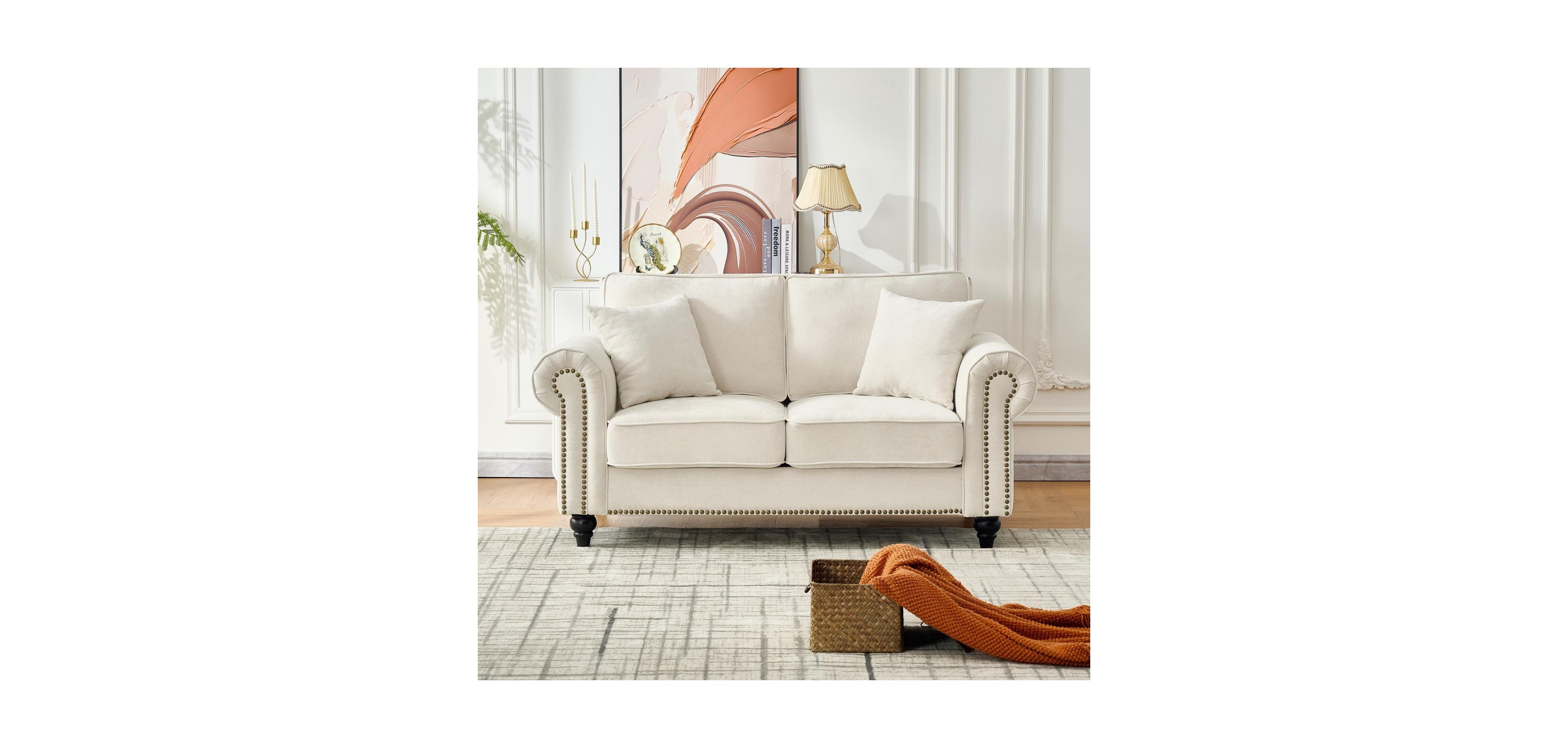 Streamdale Furniture 63" Modern Chenille Sofa - Rolled Arms, Nailhead Trim - Beige