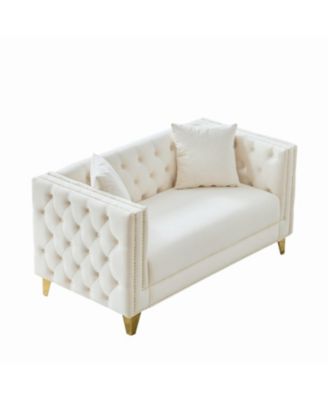 58" Chesterfield Velvet Sofa, 2 Seater, Button Nailhead, Beige