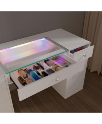 51.2" RGB LED Vanity Desk, Modern Glass Top Makeup Table with 11 Drawers