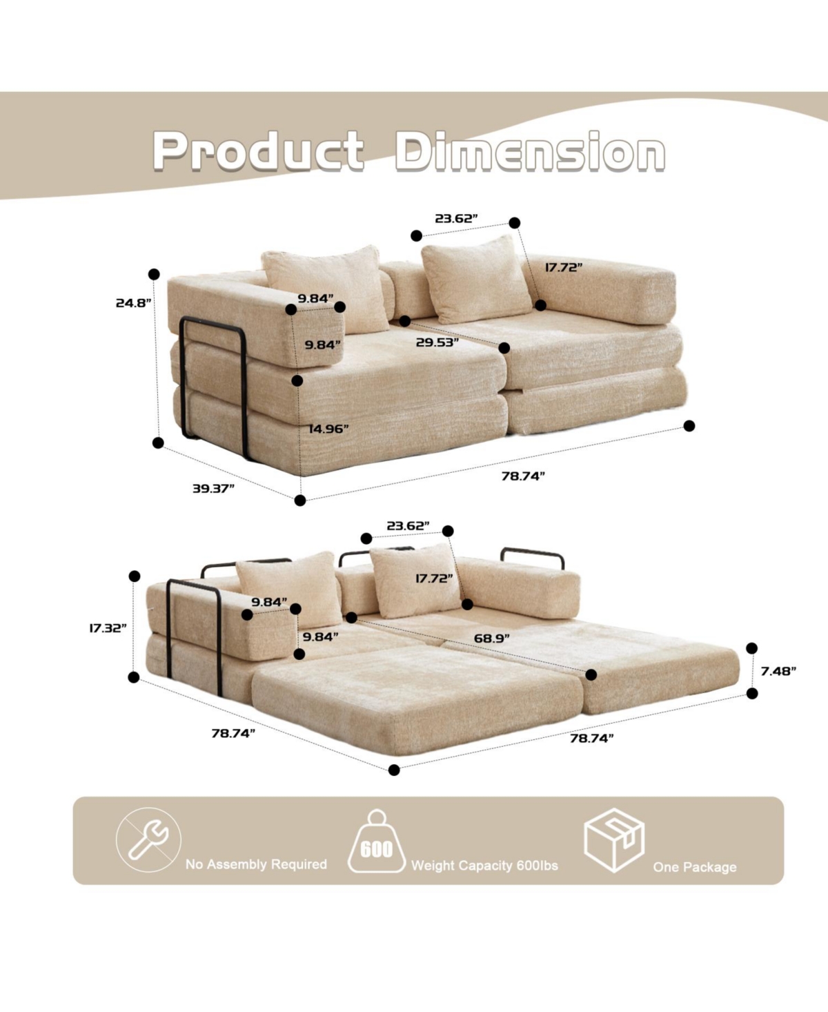 Streamdale Furniture Compression Convertible Sofa Bed, Chenille