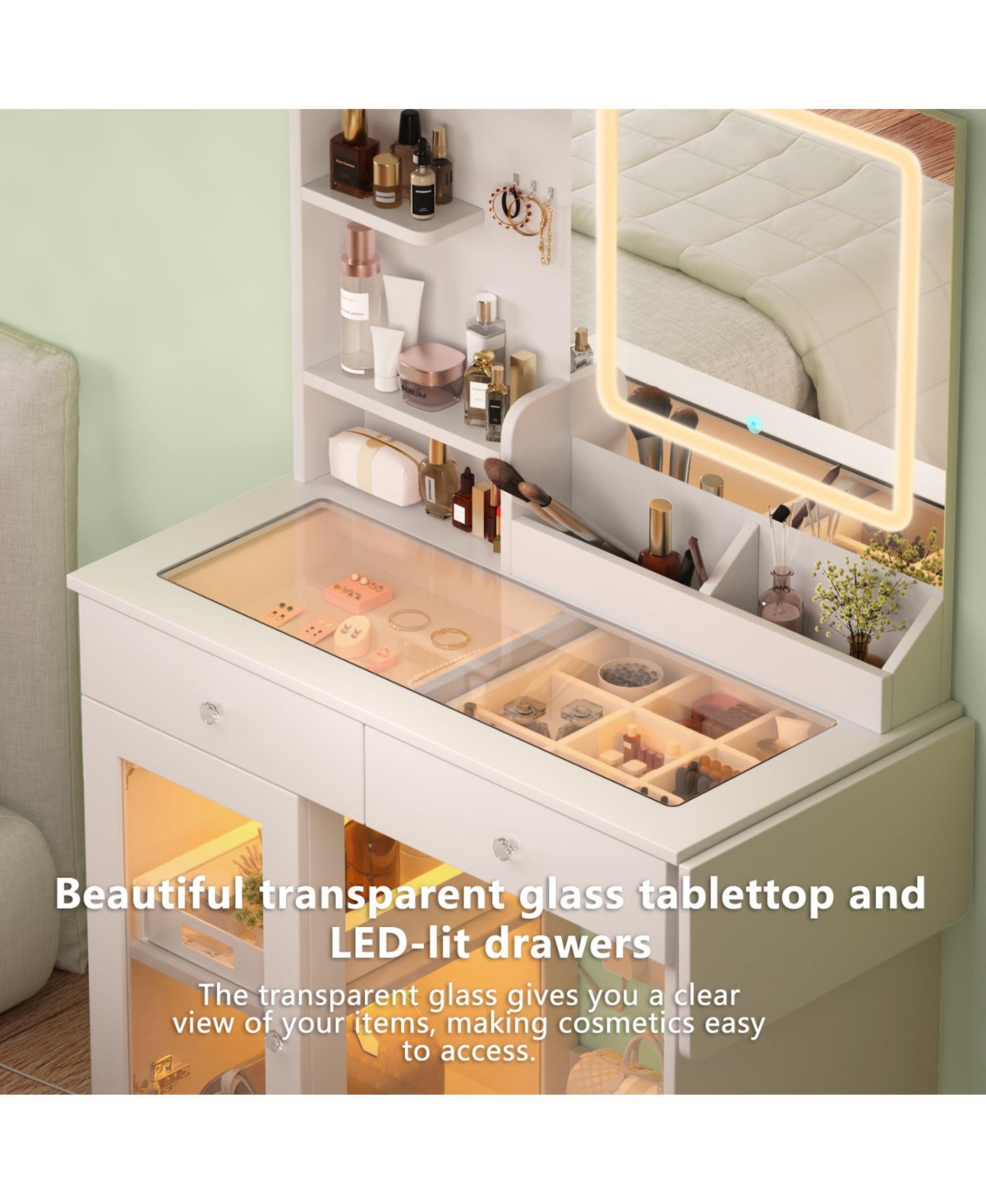 Streamdale Furniture Vanity Desk with Lighted Mirror, Usb Power, Drawers & Cabinet (White)