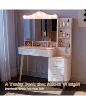 Vanity Desk with Lighted Mirror, USB Power, Drawers & Chest