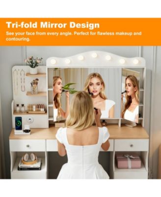 Vanity Desk with Lighted Mirror, USB Power, Drawers & Cabinets (White)
