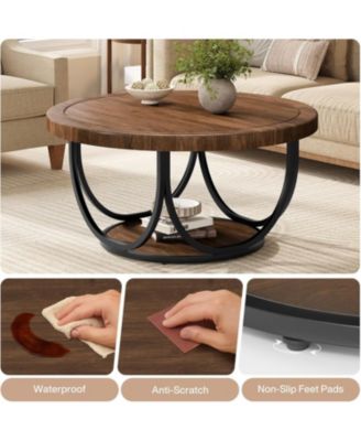 Round Coffee Table with 2 Tiers, 33.5" Wooden Circle Accent Cocktail Table, Industrial Center Tables