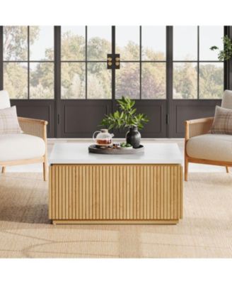 31.5" Square Coffee Table, Modern Wood Center Table Cocktail Furniture, White & Brown