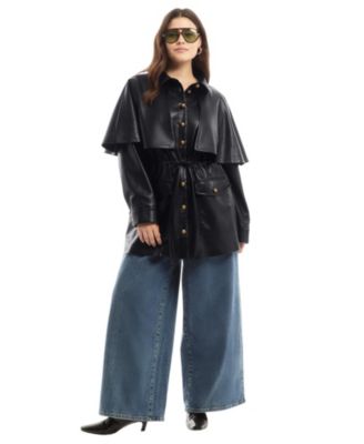 June + Vie Women's Plus Size Faux Leather Cape Jacket