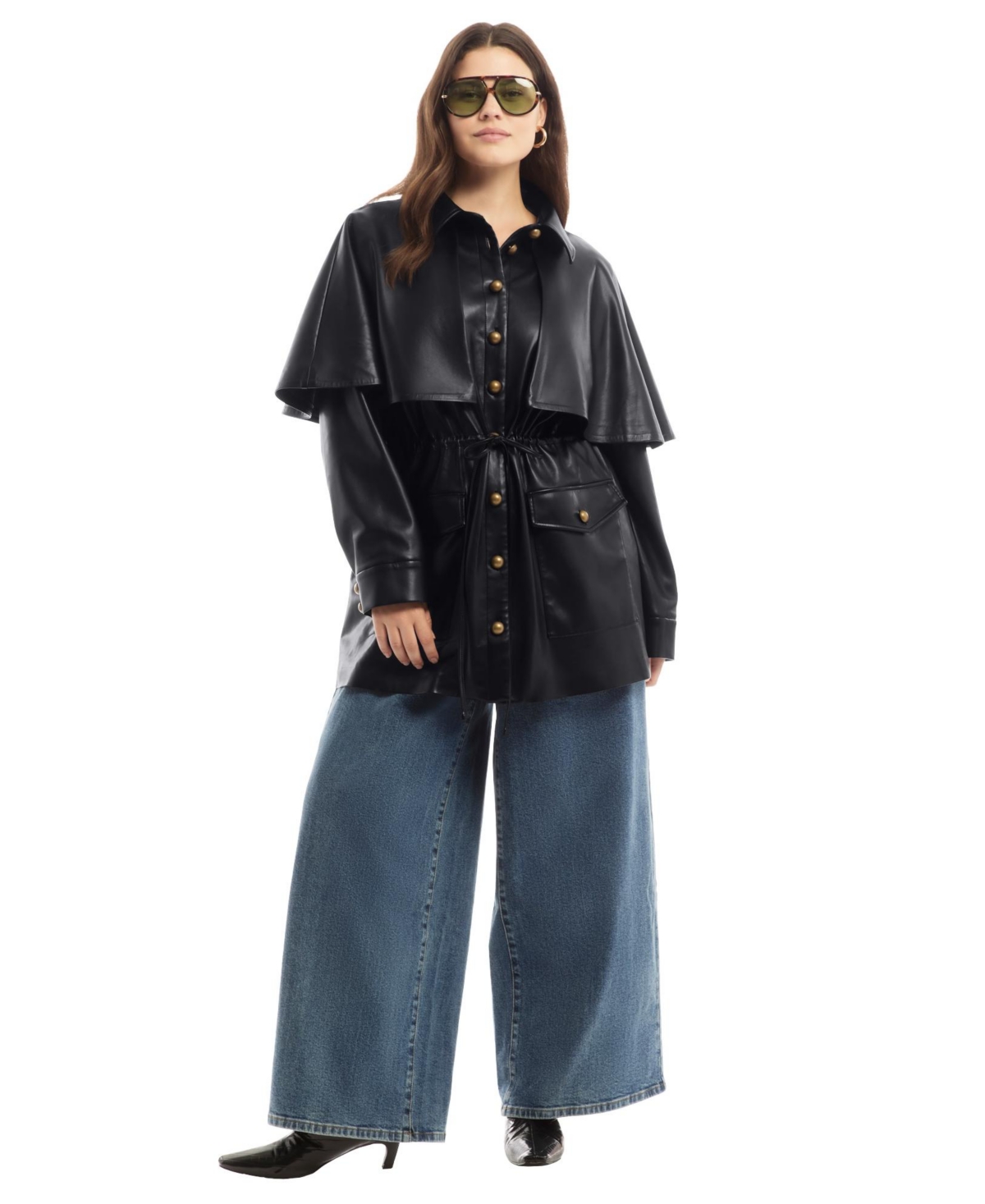 June + Vie Women's Plus Faux Leather Cape Jacket