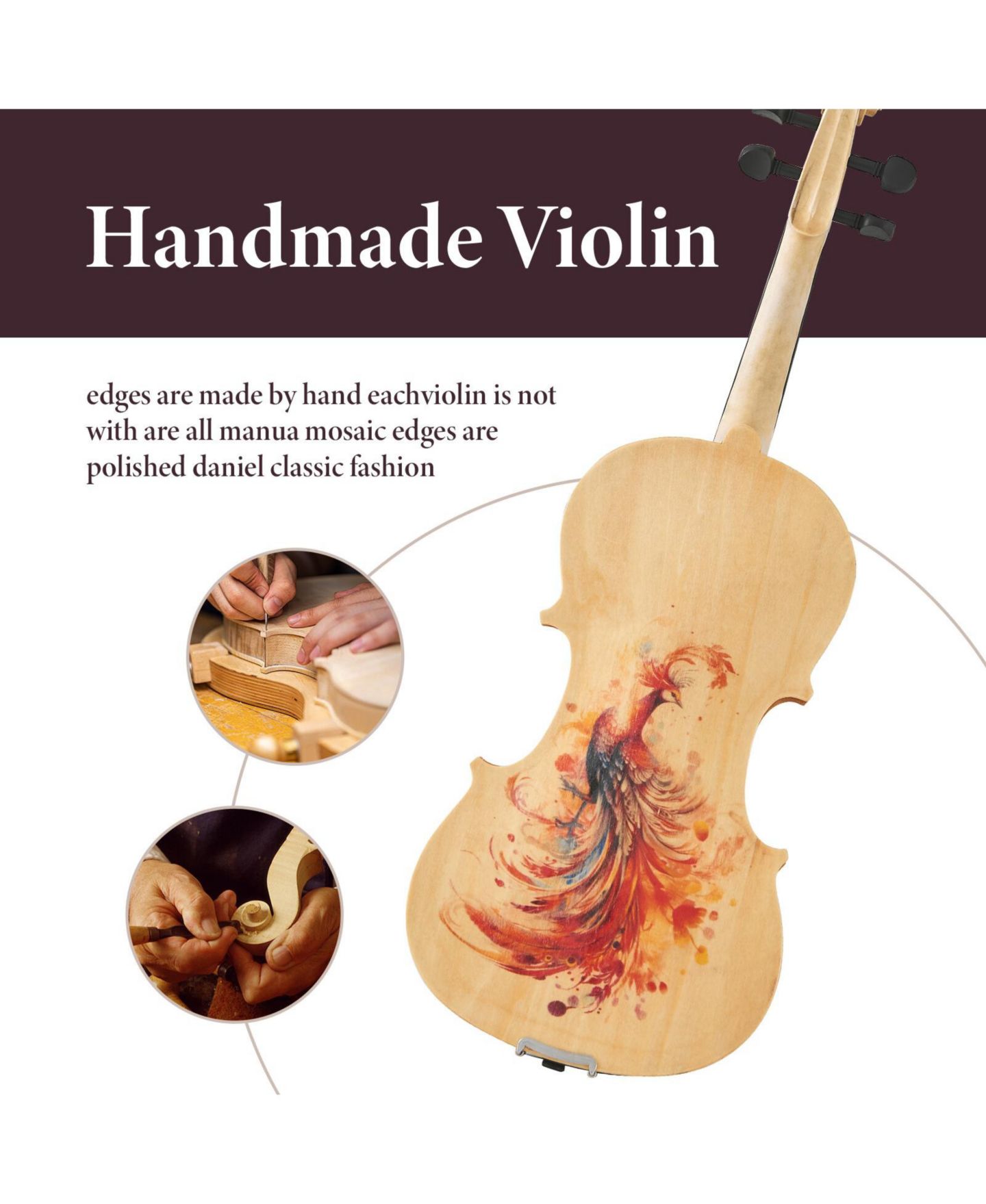 Детские игрушки Yescom Peacock Handcrafted Full Size 4/4 5-Piece Violin Set, 14 Years & Up, цвет: Разноцветный — фото 4