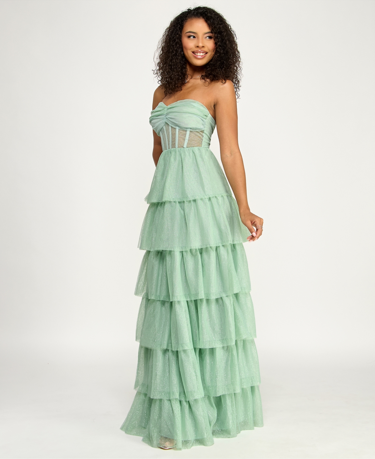 Emerald Sundae Juniors' Strapless Tiered Lace-Up Back Gown