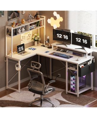 49'' Small L Shaped Desk with Hutch, Reversible Computer Gaming Desk with Outlet and LED Strip