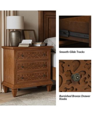 Talona 29'' W Transitional Carved 3 - Drawer End Table with Built-In Outlets and Solid Wood Legs