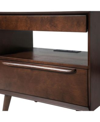 Jeraldo Mid-Century Modern 2-Drawer End Table with Built-In Outlets and Wooden Handle