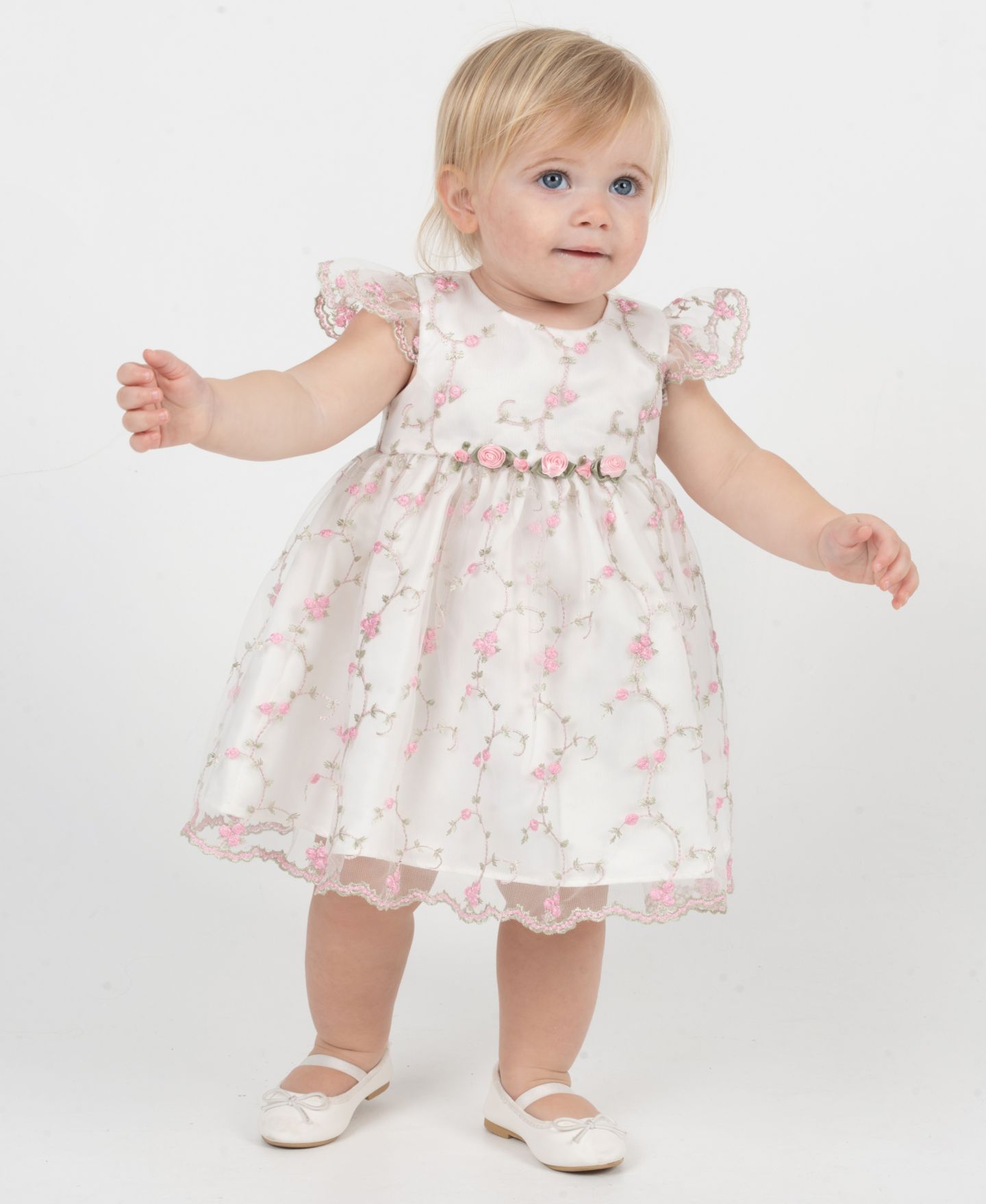 Комплект Rare Editions Flower Vine Embroidery Round Neck Mesh Dress and Panty, 2-Piece Set для девочек-малышей, цвет: Белый — фото 1