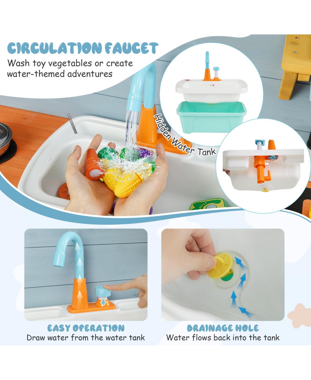 Hongge Wooden Outdoor Mud Kitchen Playset With Faucet Chalkboard And Storage Shelves