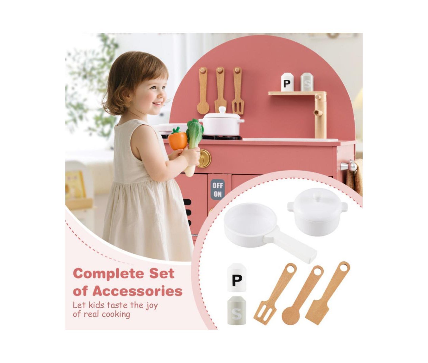Детские игрушки HONGGE Interactive Cooking Wooden Play Kitchen Set with Built-In Storage, Ages 3+, цвет: Розовый — фото 9