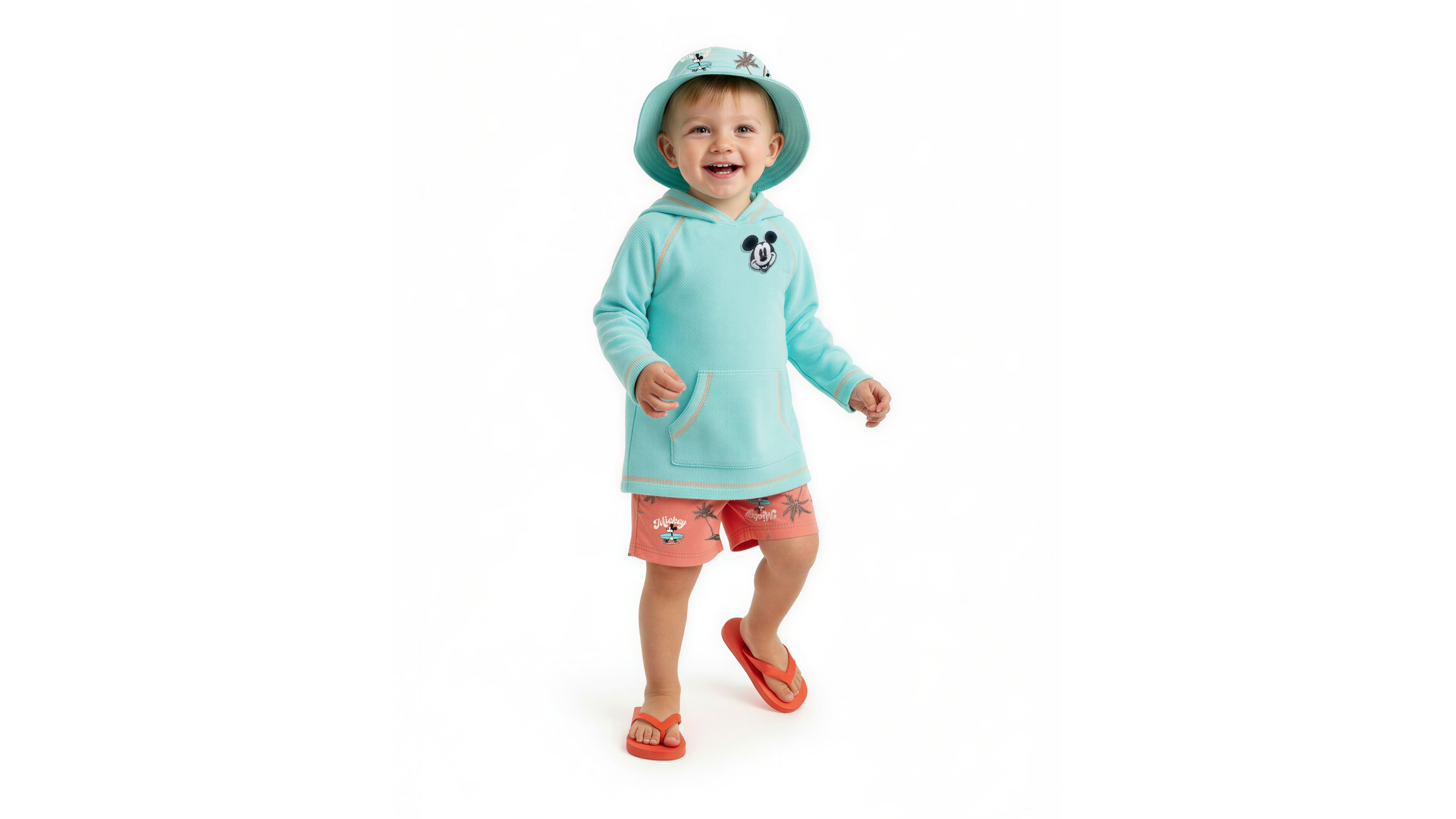 Disney Baby Boys' Mickey Rashguard Top, Cover-Up, Swim Shorts and Bucket Hat, 4-Piece Set