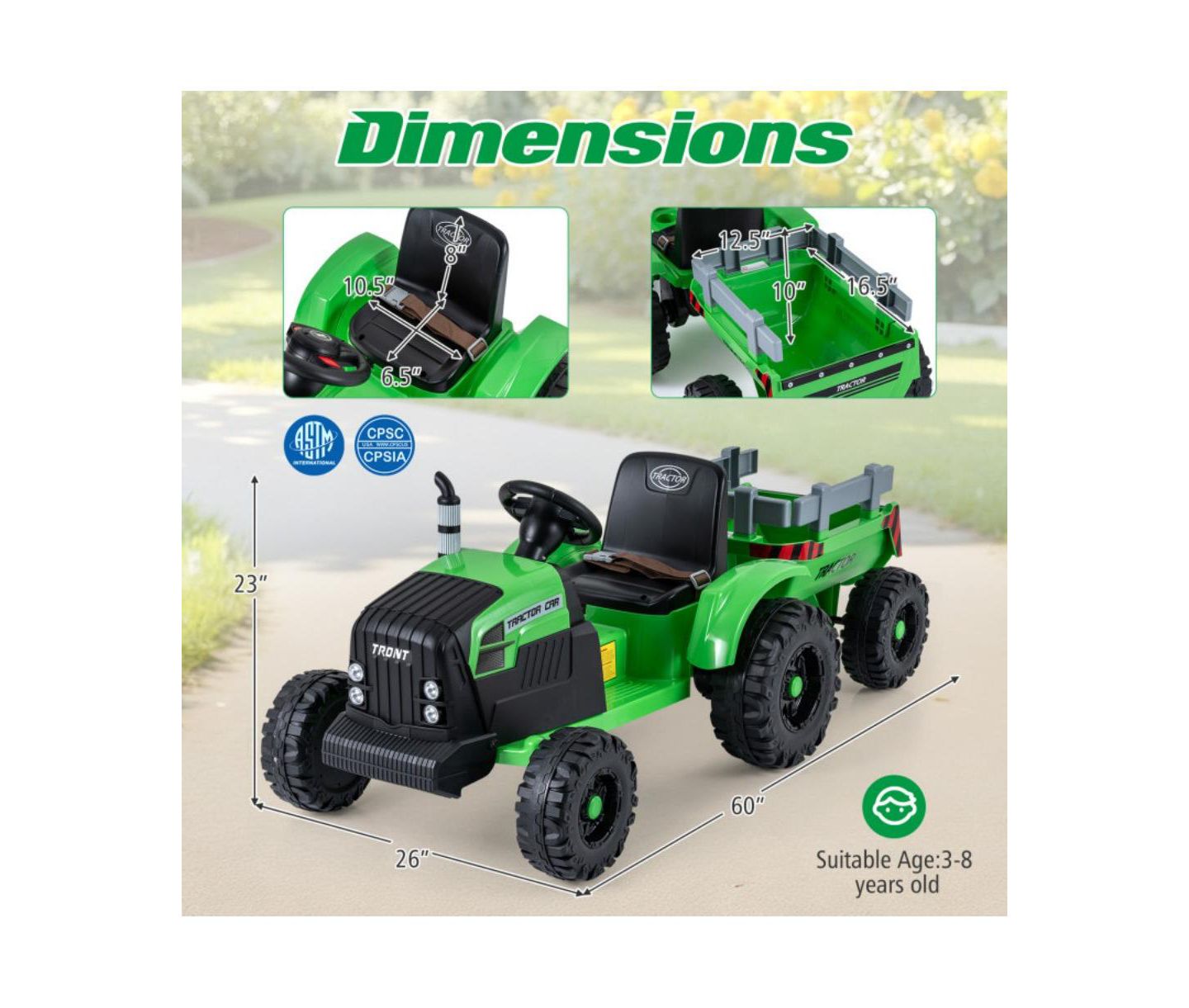 Детская игрушка HONGGE 24V Ride-On Tractor with Detachable Trailer and Remote Control, от 3 лет, цвет: Зелёный — фото 3