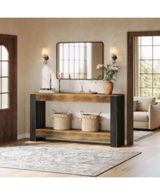 63-Inch Long Console Table for Entryway, Farmhouse Wood Sofa Table, Rustic Brown & Black