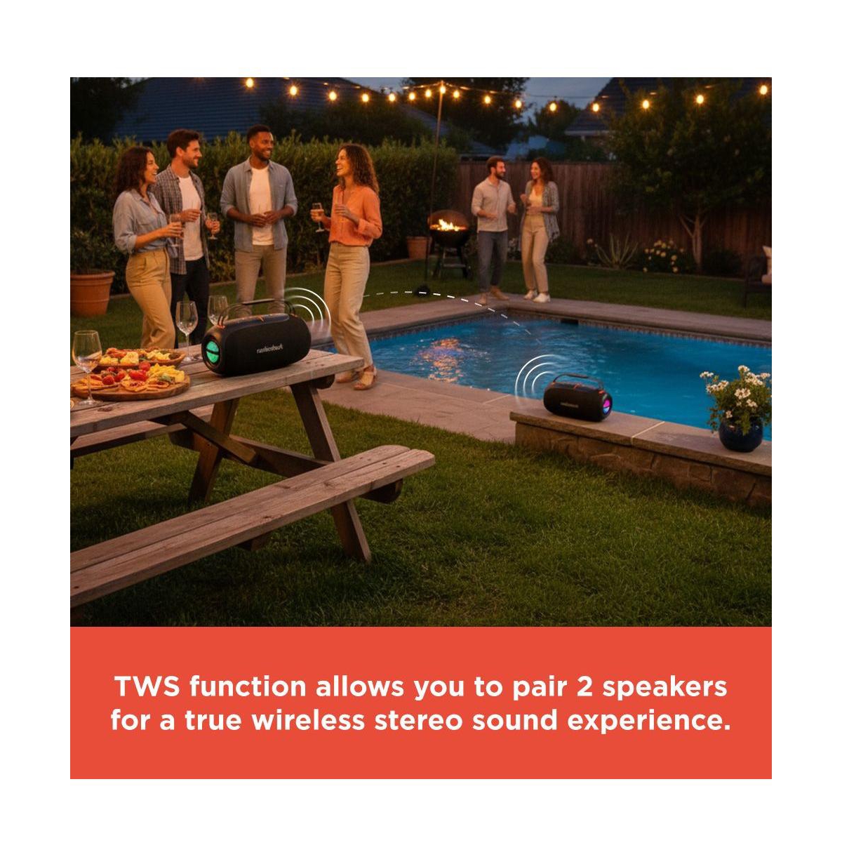 RadioShack 80W IPX5 Splashproof Powerful Portable Bluetooth Speaker Black & Orange with Tws for Pairing