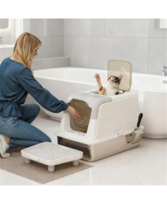 Elegant Gray Enclosed Cat Litter Box with Scoop & Deodorizer Bag – Discreet Odor Control for Home