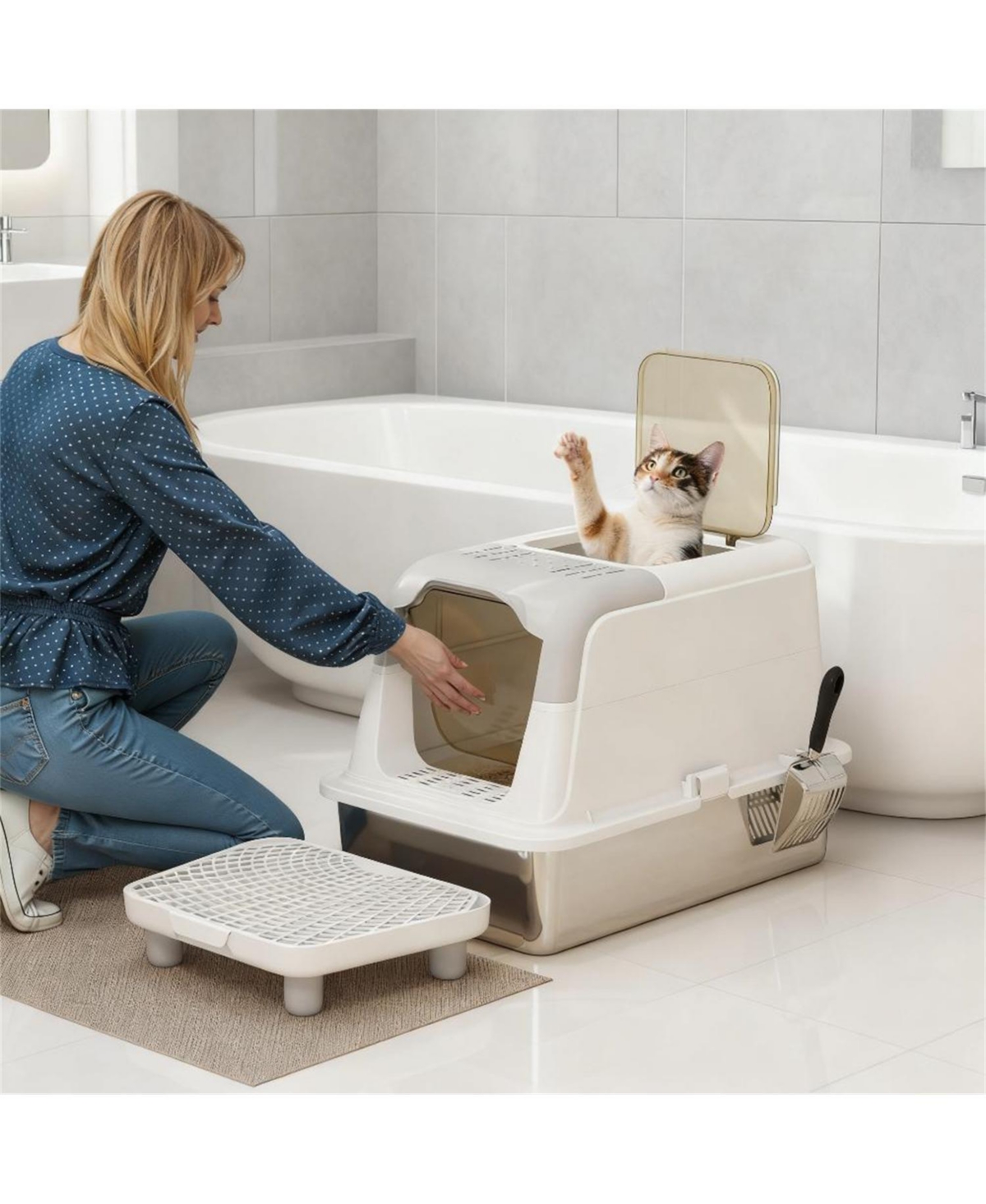 Aostirmotor Elegant Gray Enclosed Cat Litter Box with Scoop & Deodorizer Bag – Discreet Odor Control for Home