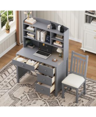  Vintage Home Desk & Chair Set w/ Bookshelf & Drawers - Gray