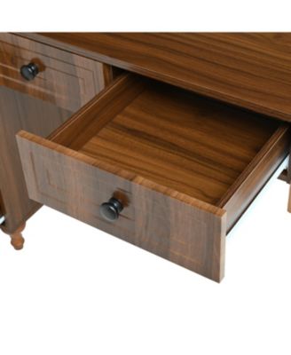 47" Retro Desk with Hutch, Charging, Drawers & Glass-Door Bookshelf, Walnut