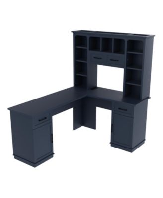  2-in-1 L-Shaped Desk w/ Cabinets, Drawers, Shelves & Power Outlet - Antique