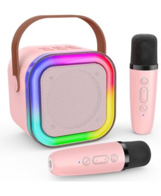 Mini Karaoke Machine for Kids Portable Bluetooth Speaker with 2 Wireless Microphones LED Lights Christmas Birthday Gift Toys Pink