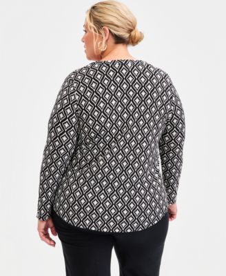 Plus Size Printed Split-Neck Long-Sleeve Top