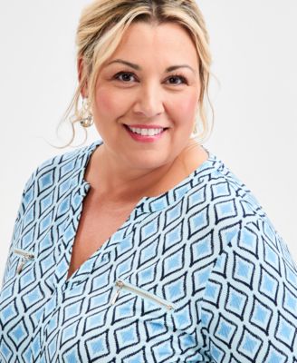 Plus Size Printed Split-Neck Long-Sleeve Top