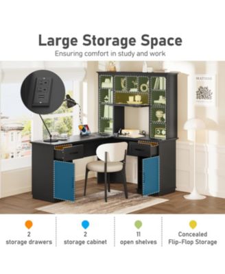 L-Shaped Desk w/ Cabinets, Drawers, Shelves & Flip-Up Storage