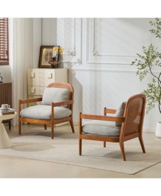 Mid-Century Modern Accent Chair - Walnut & Rattan, Grey-Green Cushion (Set of 2)