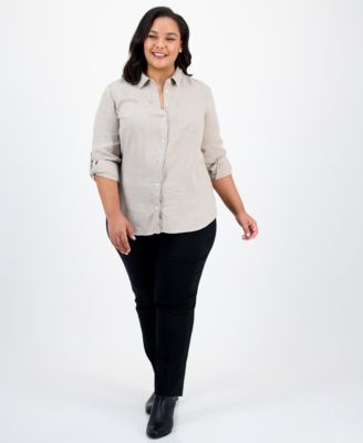 Plus Size 100% Linen Roll-Tab Shirt, Exclusively at Macy's