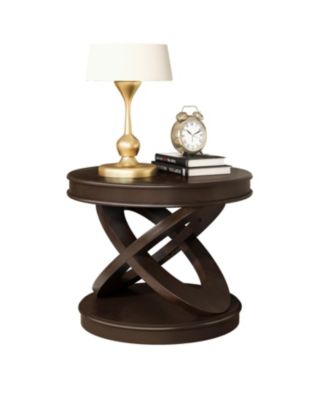 Retro Round Wooden End Table, X-Base, Espresso