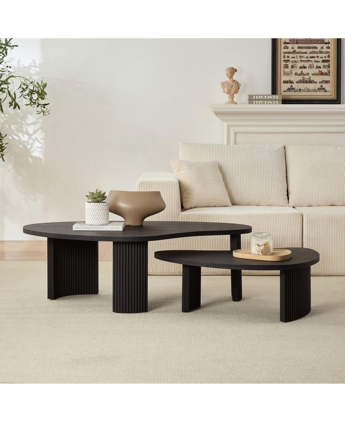 Streamdale Modern Irregular Coffee Table Set, Nesting End Tables, Black