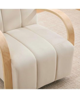30.7" Swivel Accent Chair - Channel Tufted, Wood Armrests - Beige