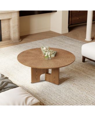 31.5 Inches Round Rustic Ash Wood Veneer Coffee Table for Small Living Room