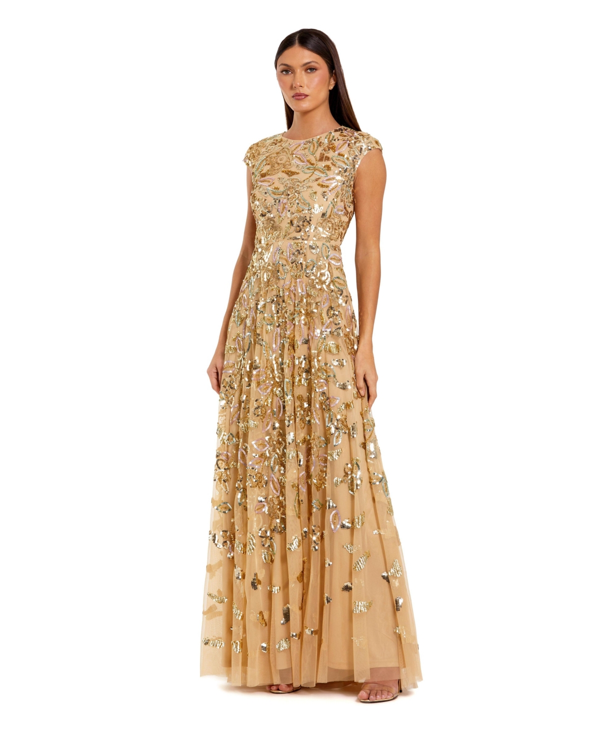 Mac Duggal Women's Sequined High Neck Cap Sleeve A Line Gown