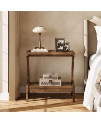 Solid Wood End Table with 2-Tier Storage Shelf, Narrow Side Table for Living Room, Bedroom, Small Spaces