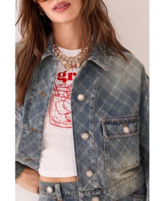 Women's Check Denim Distressed Jacket