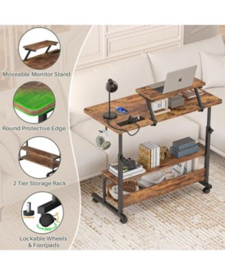 Small Standing Desk with Power Outlets and LED Light, Mobile Lift Top Desk with Monitor Stand