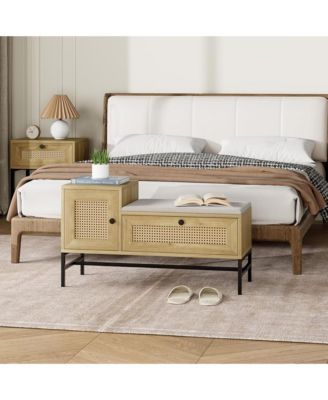 Shoe Storage Bench with Drawer and Cabinet, Rattan