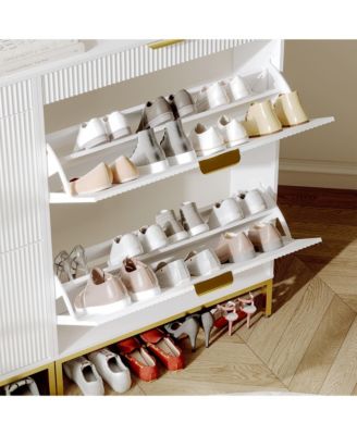 Fluted Shoe Storage Cabinet, Narrow Shoe Organizer with 2 Flip Drawers