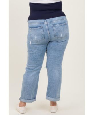 Plus Size Light Blue Ripped Knee Rolled Cuff Straight Leg Jeans
