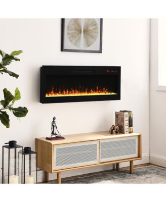 42" recessed ultra-thin wall-mounted electric fireplace with tempered glass, remote, LED heater, multi-color flame & emberbed