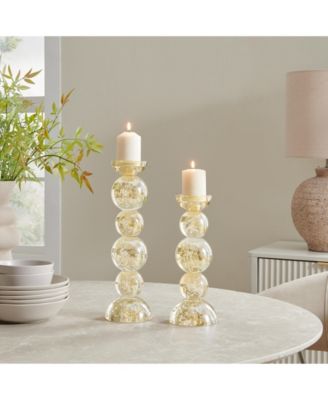 Enya Champagne Gold Tint Bubble Glass Stacked Orb Pillar Candle Holder Set of 2